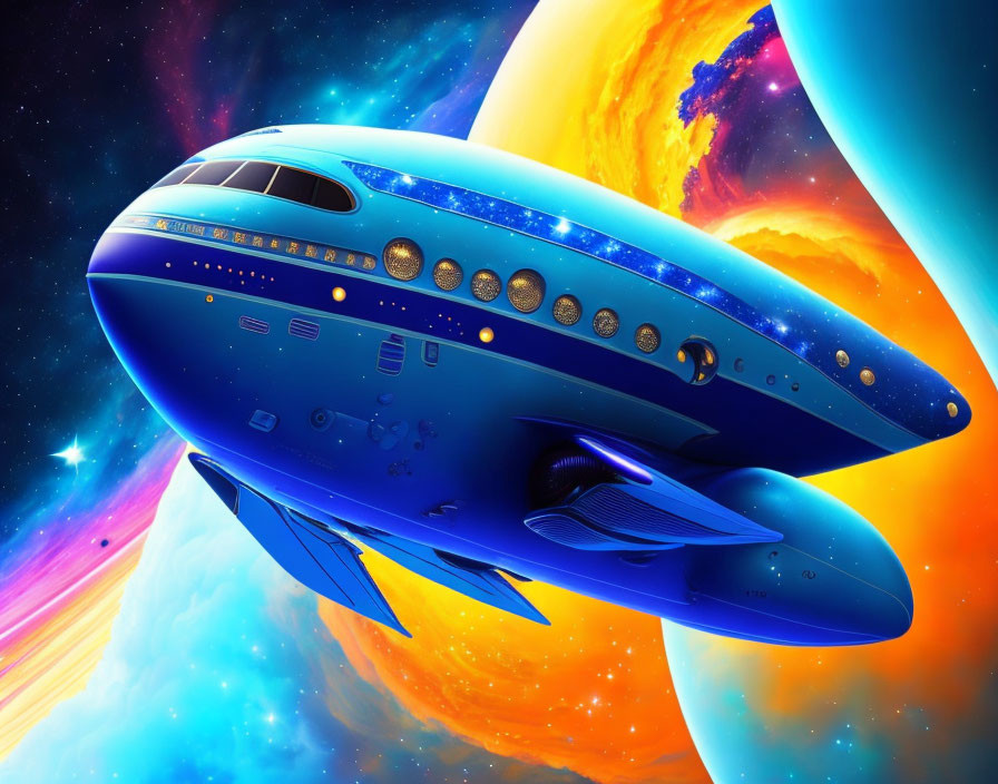 Blue spaceship in space with colorful planets and star-filled background