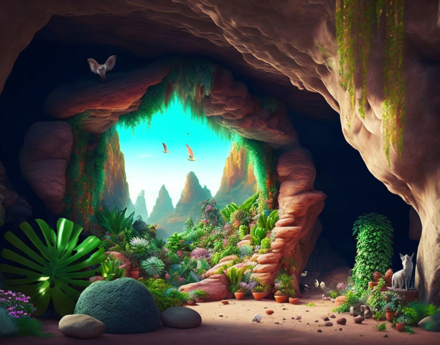 Fantasy Cave with Lush Vegetation, Mountains, Birds, and Lake