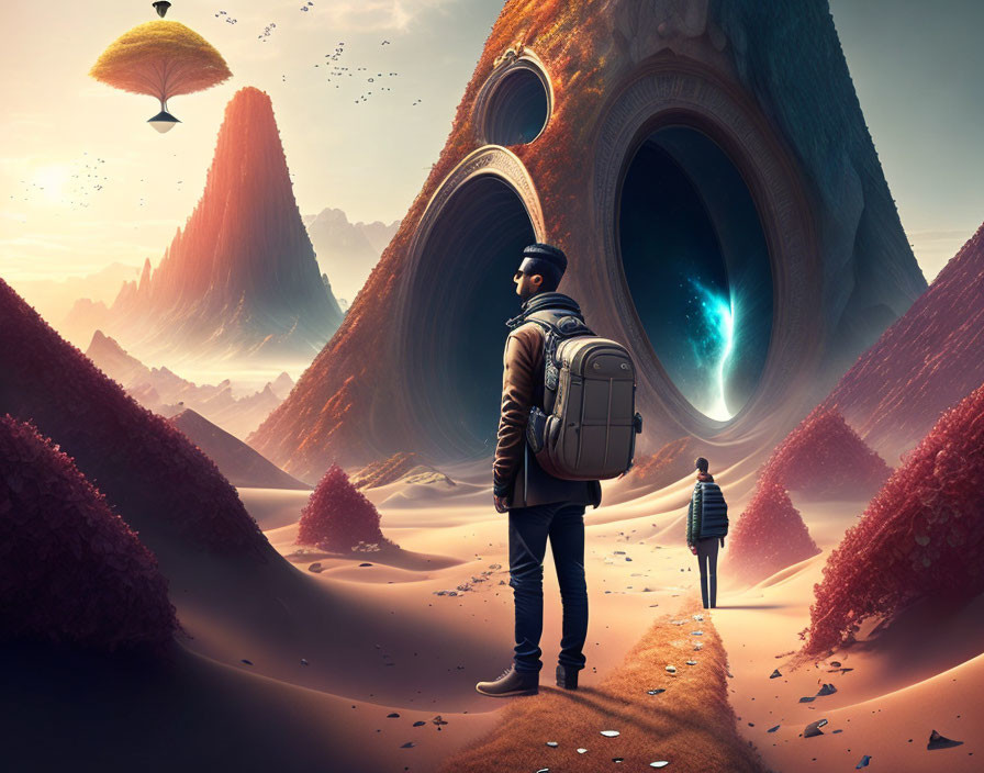 Person in jacket and backpack in surreal landscape with eye-shaped portals, floating rocks, and distant figure.