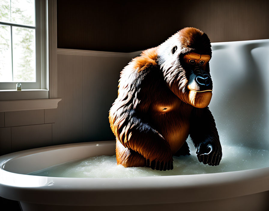 Orangutan enjoying a soapy bath in white tub with sunlight
