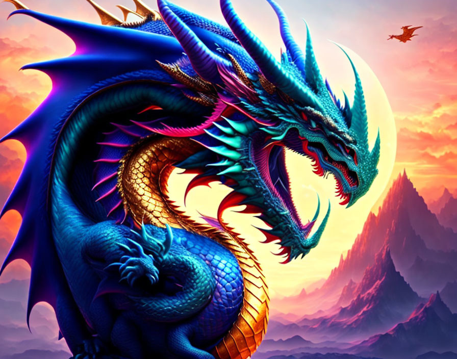Blue dragon with wings in front of sunset and mountains, smaller dragon flying.