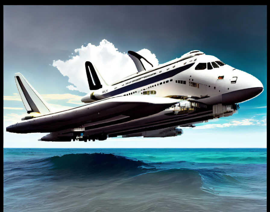 Space shuttle merged with cruise ship flying low over ocean waves.