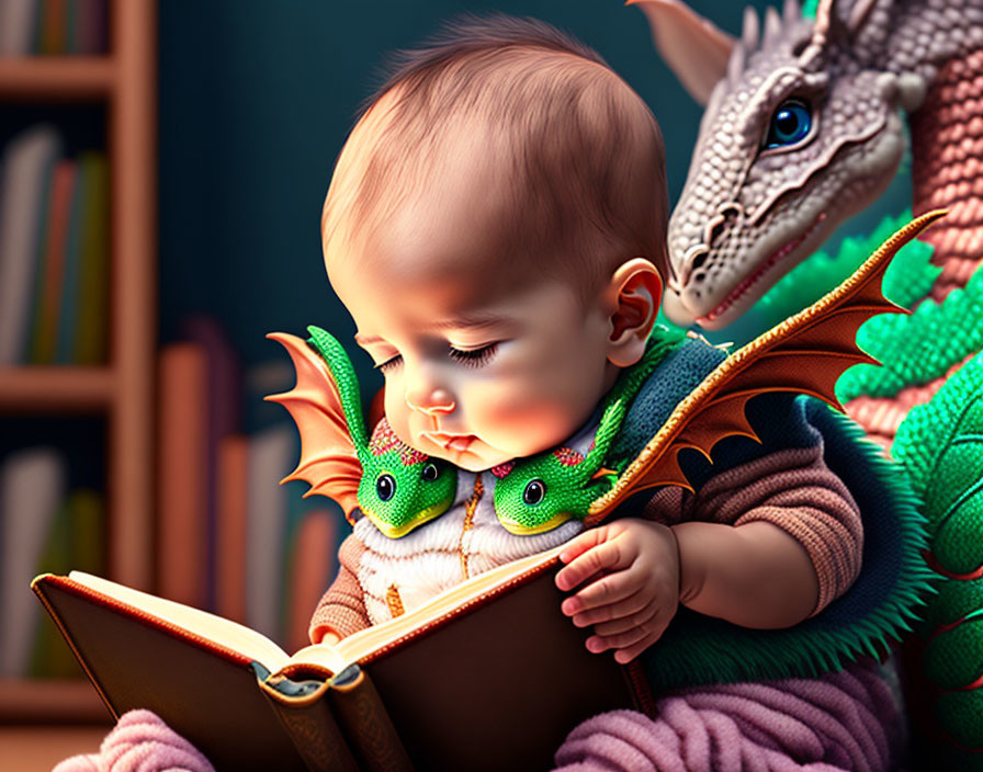 Baby in dragon costume reading with plush dragon toy in cozy room