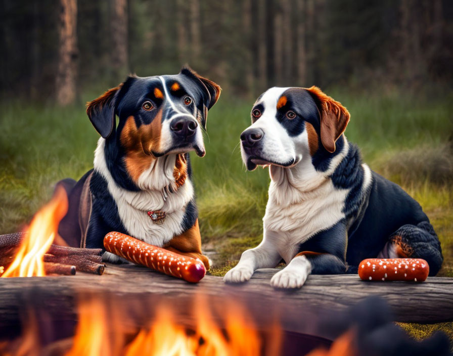 Two dogs with different coat colors sit by a campfire in a forest.