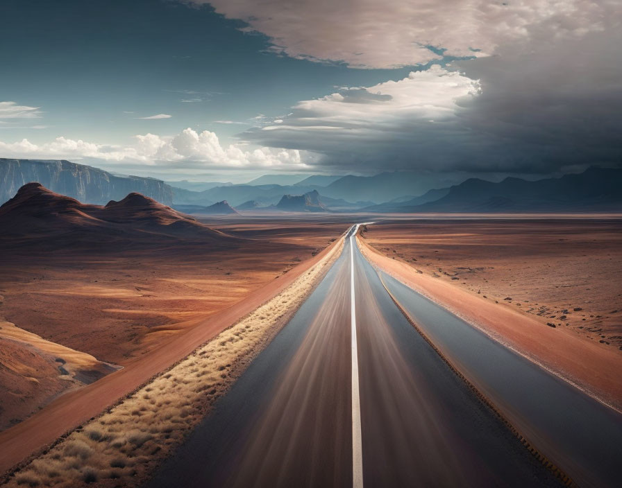 Straight Road in Arid Landscape with Dramatic Clouds and Distant Mountains