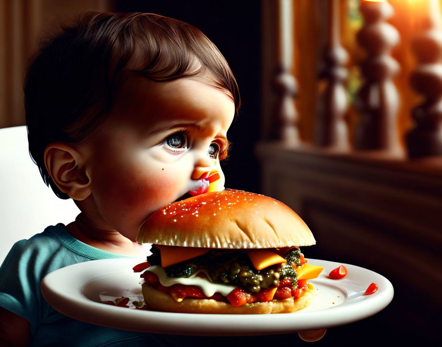Toddler mesmerized by cheeseburger under warm light