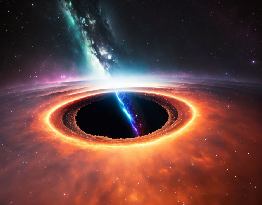 Cosmic digital art: Black hole with glowing accretion disk in orange and blues, set in