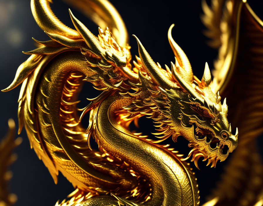 Golden dragon with intricate scales and roaring face on dark background