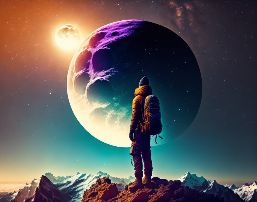 Person in winter jacket gazes at surreal purple planet and moon on mountain