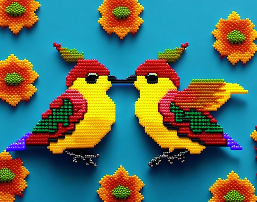 Colorful Plastic Bead Bird Figures on Blue Background with Flower Patterns