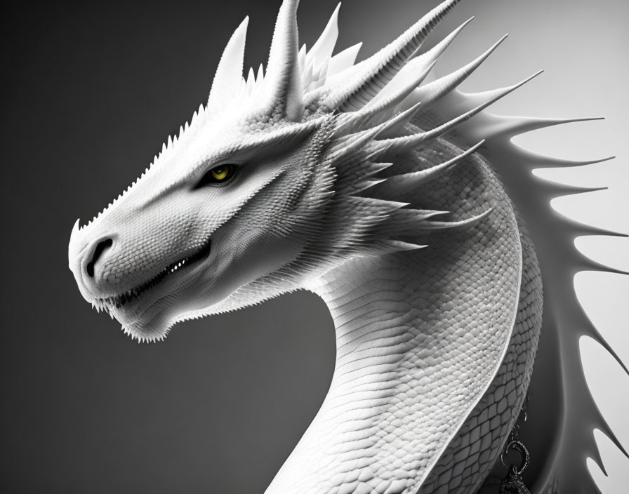 Detailed White Dragon with Sharp Horns and Yellow Eyes on Gray Background