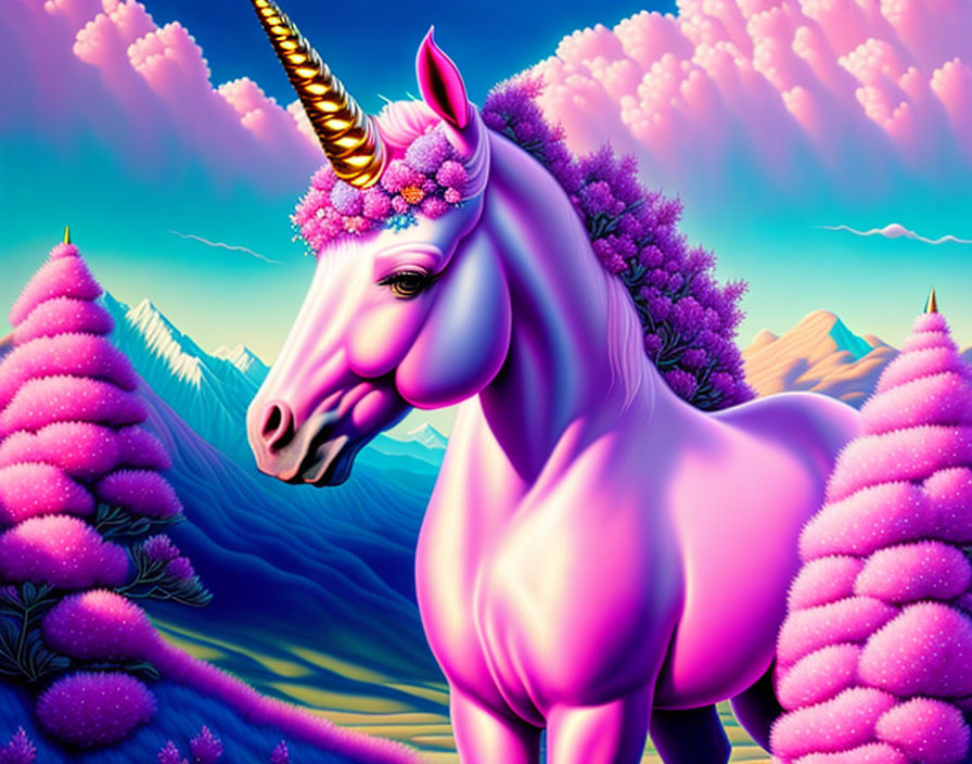 Colorful Pink Unicorn with Golden Horn in Fantasy Landscape