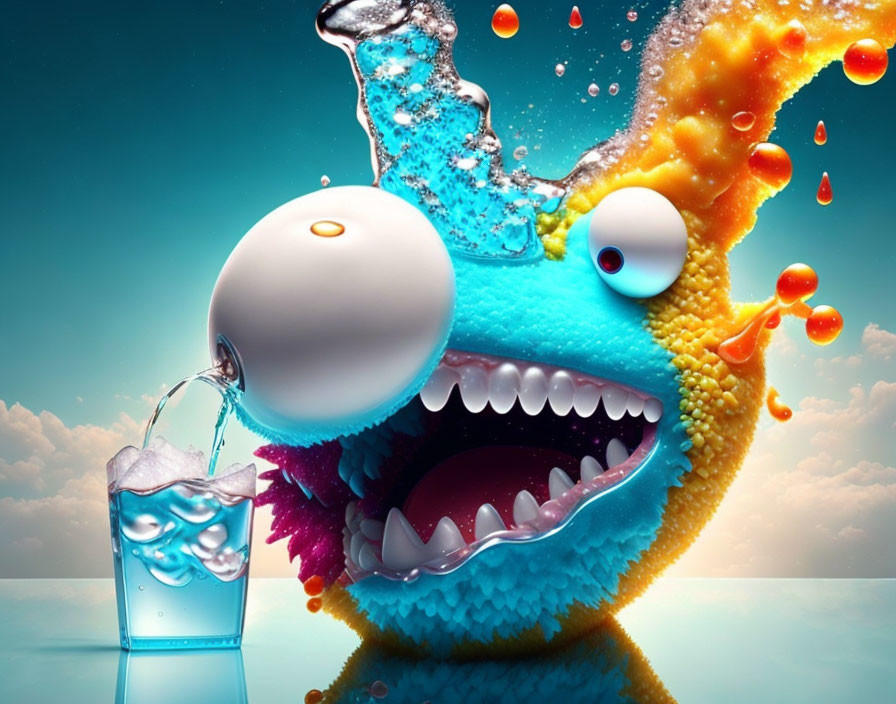 Colorful one-eyed creature splashing water in vibrant scene