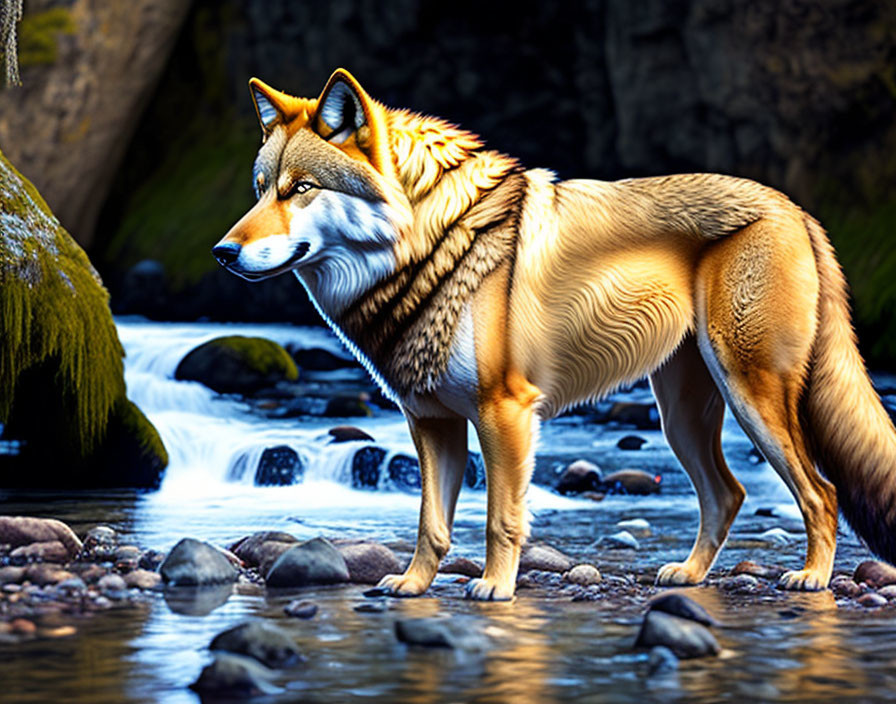 Digitally enhanced wolf image with stylized fur, river, rocks, and mossy banks