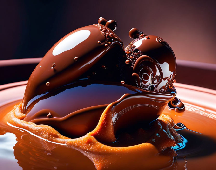 Detailed high-resolution chocolate splash with suspended droplets and reflections