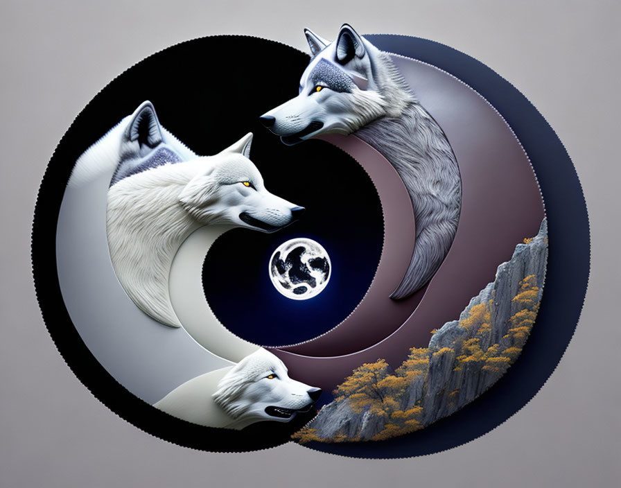 Yin-Yang Wolves in White, Gray, and Black with Earth and Cliff Scene