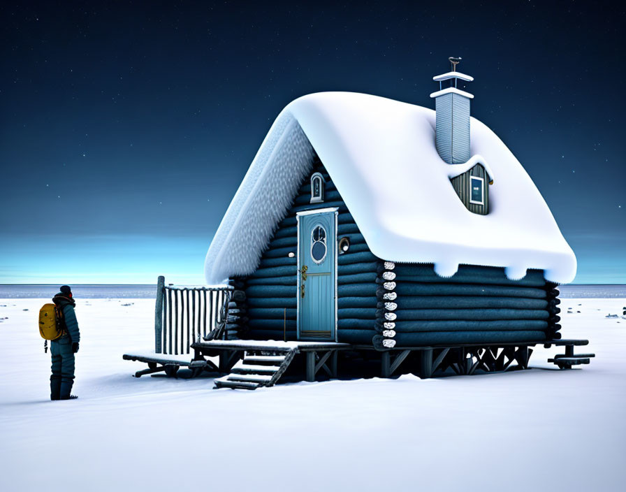 Person in warm jacket near snow-covered log cabin in twilight arctic landscape