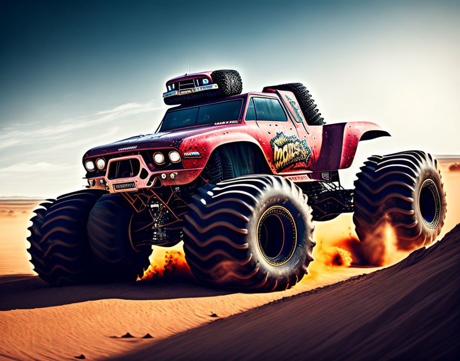 Oversized tire monster truck speeding in desert with motion blur