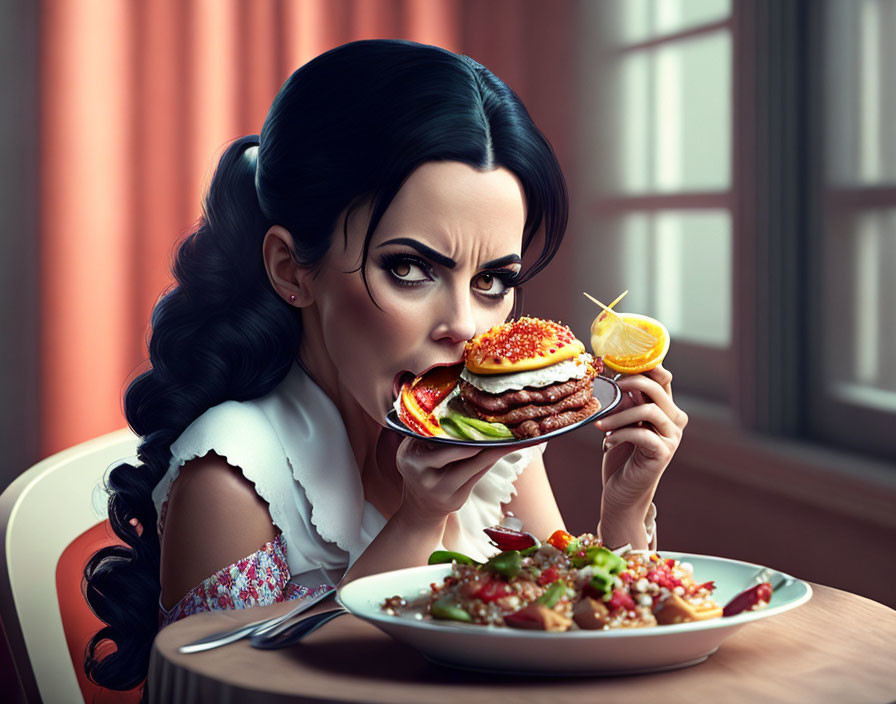 Exaggerated features stylized woman eating burger indoors
