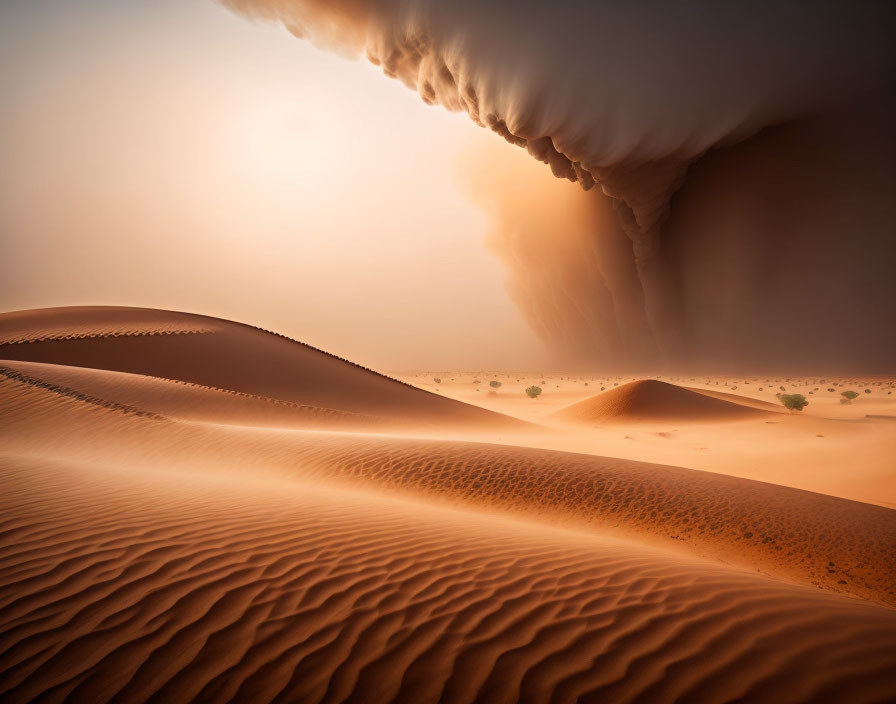 Vast desert landscape with looming sandstorm over rippled dunes
