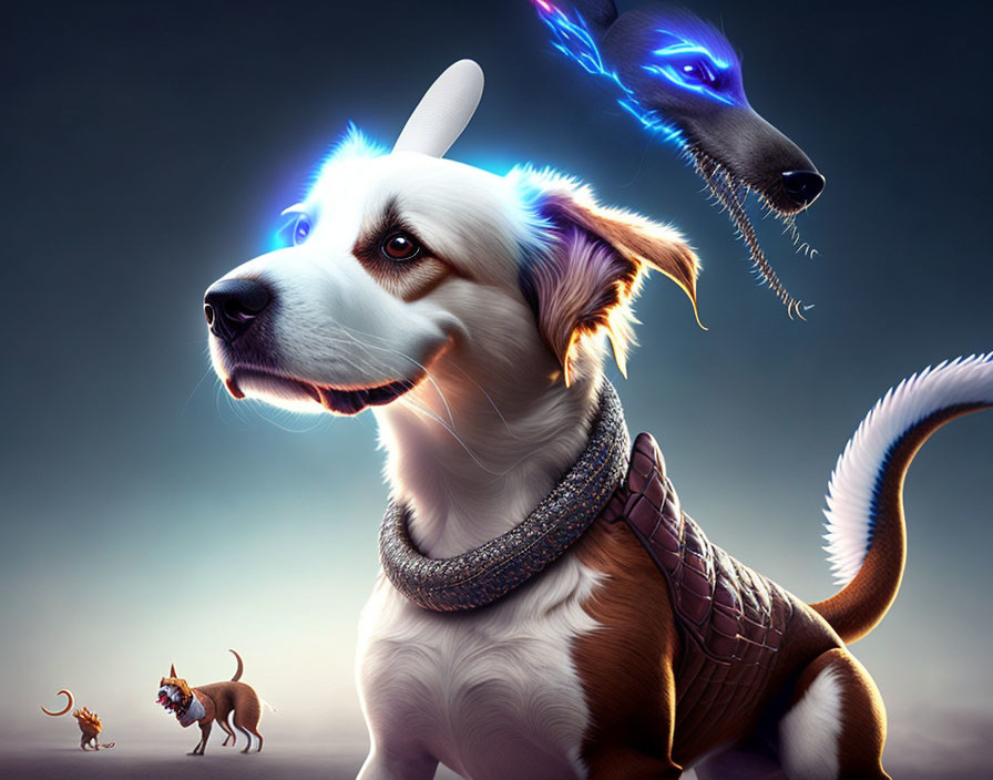 Stylized image of a dog with white and brown fur in futuristic setting