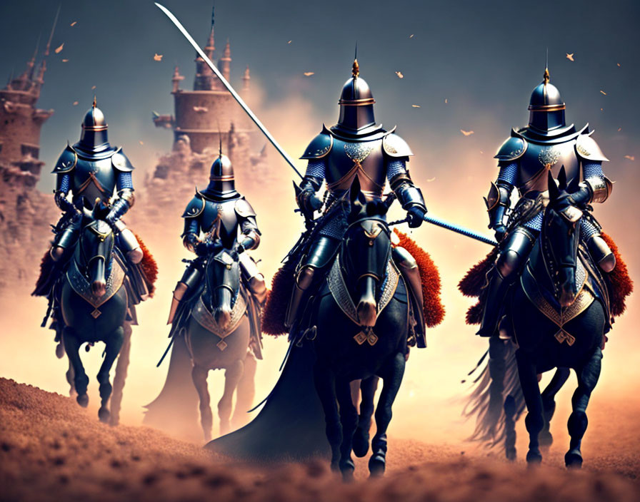 Four armored knights on horseback charging with lances near castle turrets at dusk