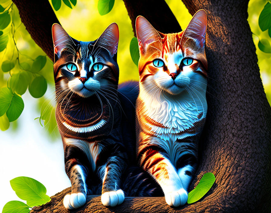 Colorful Stylized Cats on Tree Branch with Sunlit Green Foliage