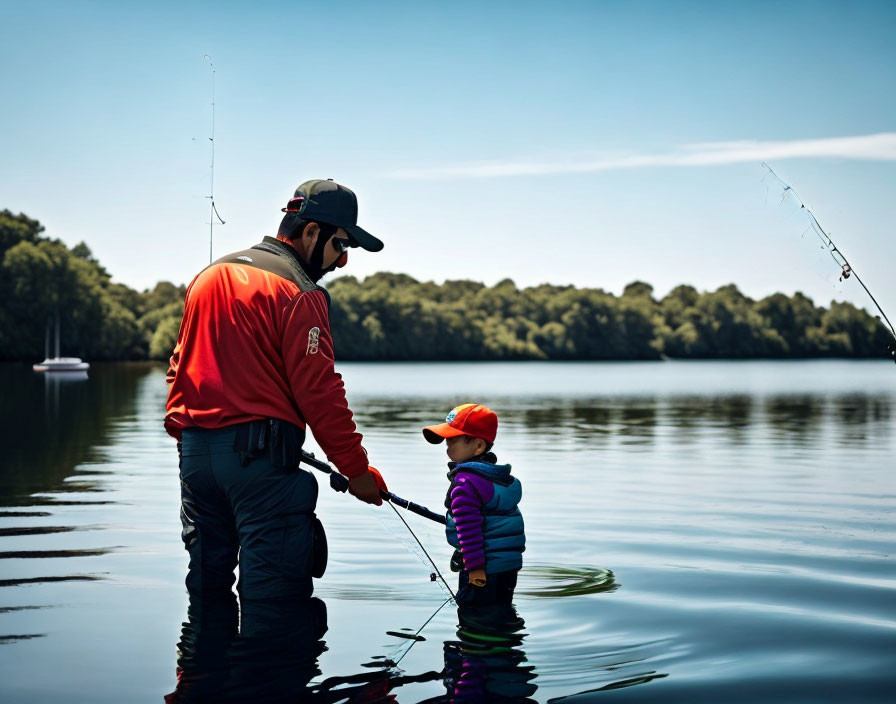 Adult and child fishing in lake with life vests, serene waters, forested shoreline.