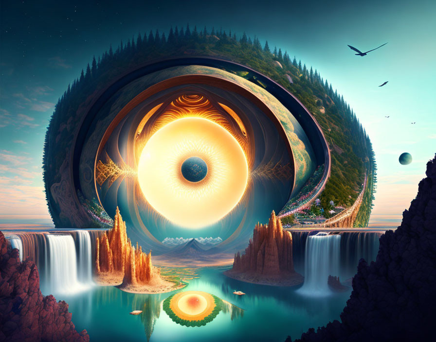 Surreal landscape with eye-shaped portal, waterfalls, cliffs, birds, vibrant sky