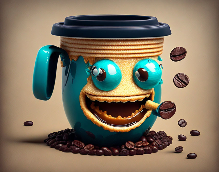 Colorful 3D illustration of a smiling blue coffee cup character