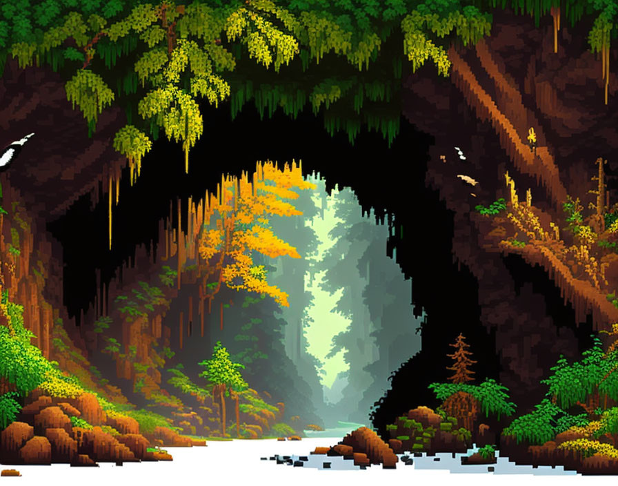 Pixel Art of Cave Entrance with Greenery and Forest View