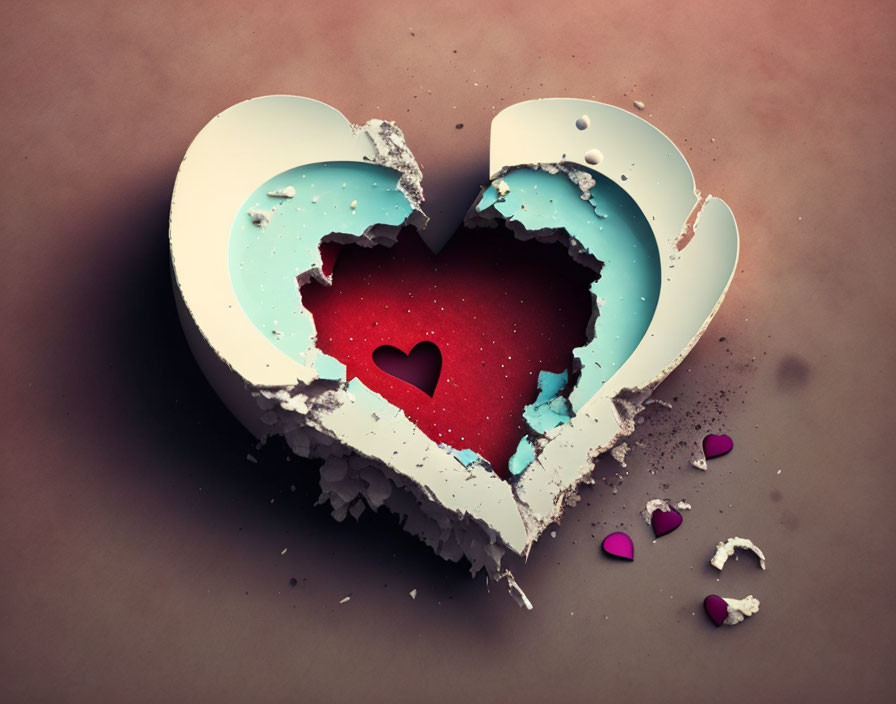 Digital Artwork: Cracked Heart Revealing Smaller Heart, Red Interior, Blue Exterior