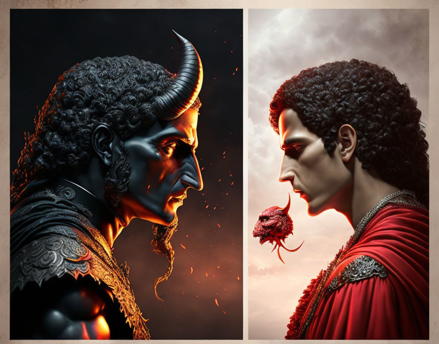Split image of stylized male figures in contrasting backdrops with horned armor and laurel, holding