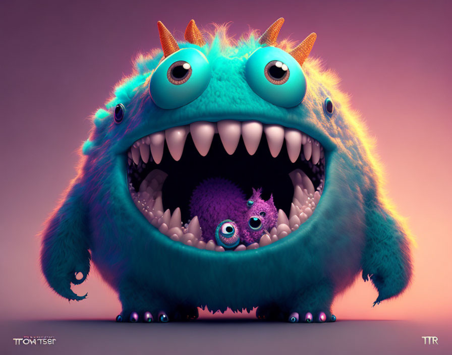 Vibrant image of two furry monsters, one blue with multiple eyes, the other small and purple