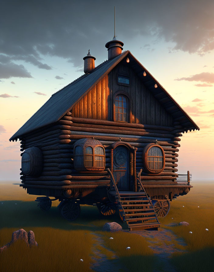 Whimsical wooden house on wheels in serene field at dusk