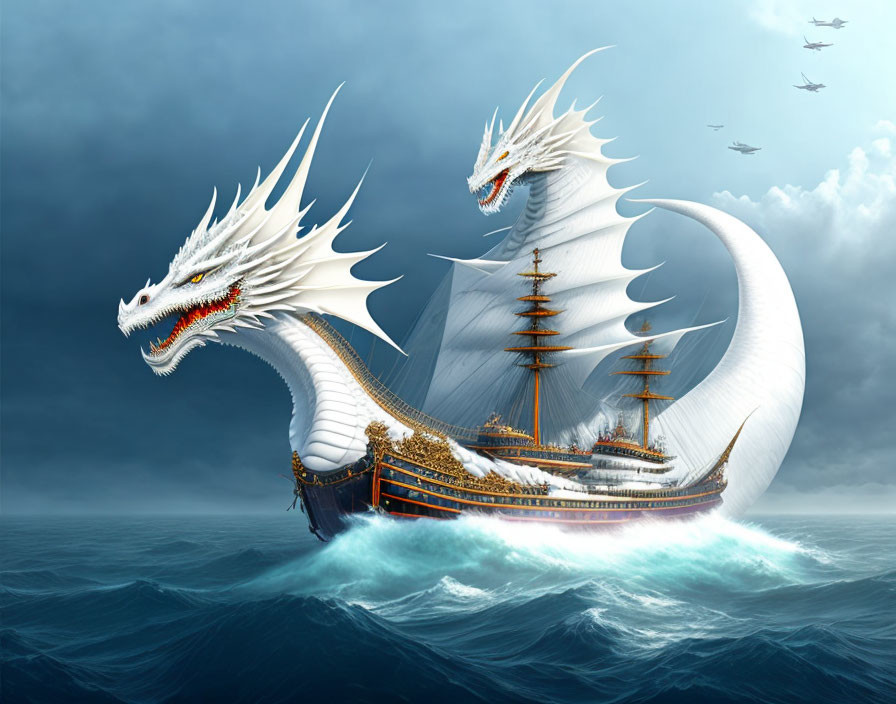 Majestic sailing ship with dragon features on stormy sea
