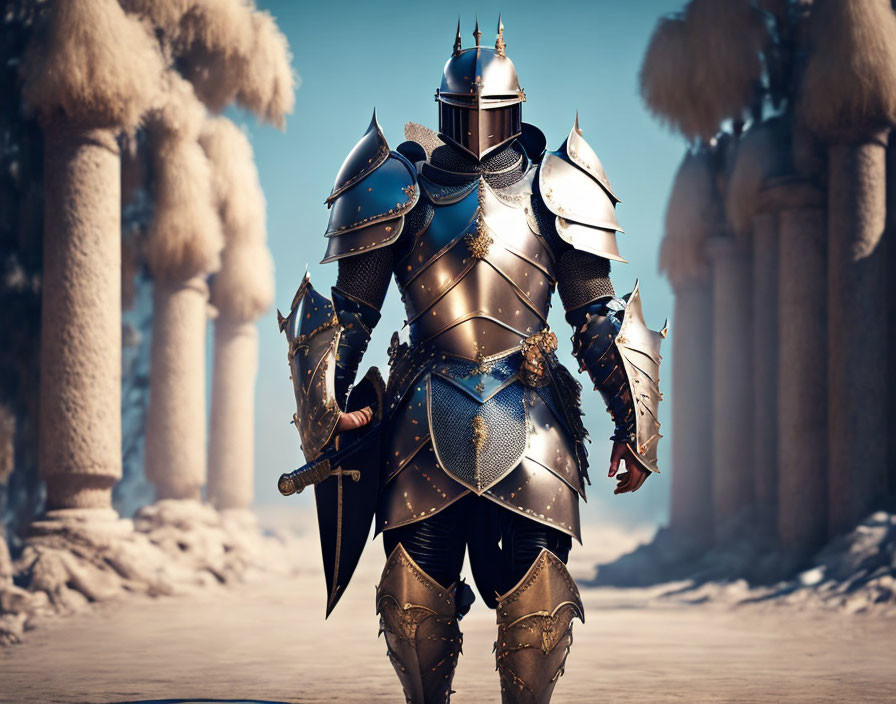 Ornate knight in shining armor with sword in hand among trees and clear sky