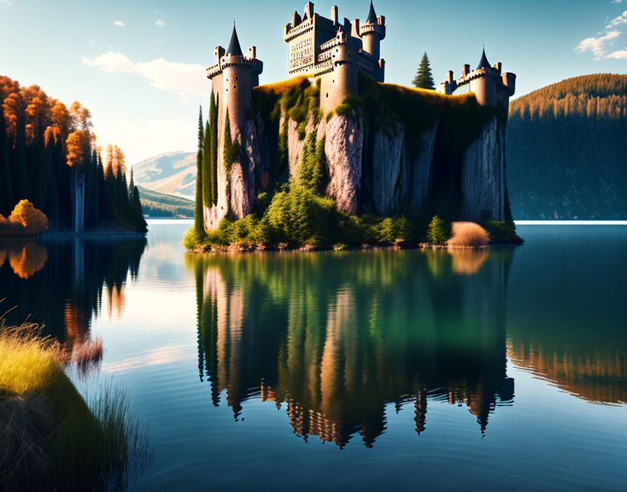 Majestic castle on steep cliff overlooking tranquil lake