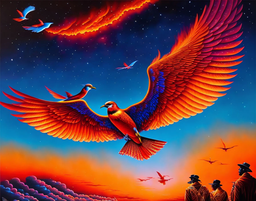 Colorful painting of giant mythical bird flying under mesmerizing sky
