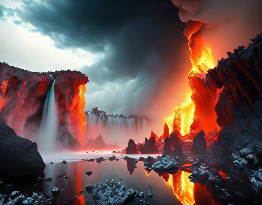 Fiery lava meets water in dramatic landscape