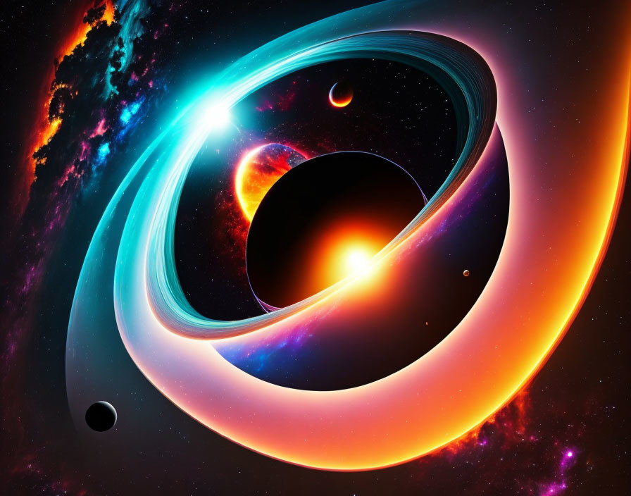 Vibrant cosmic scene: black hole, accretion disks, stars, nebulae