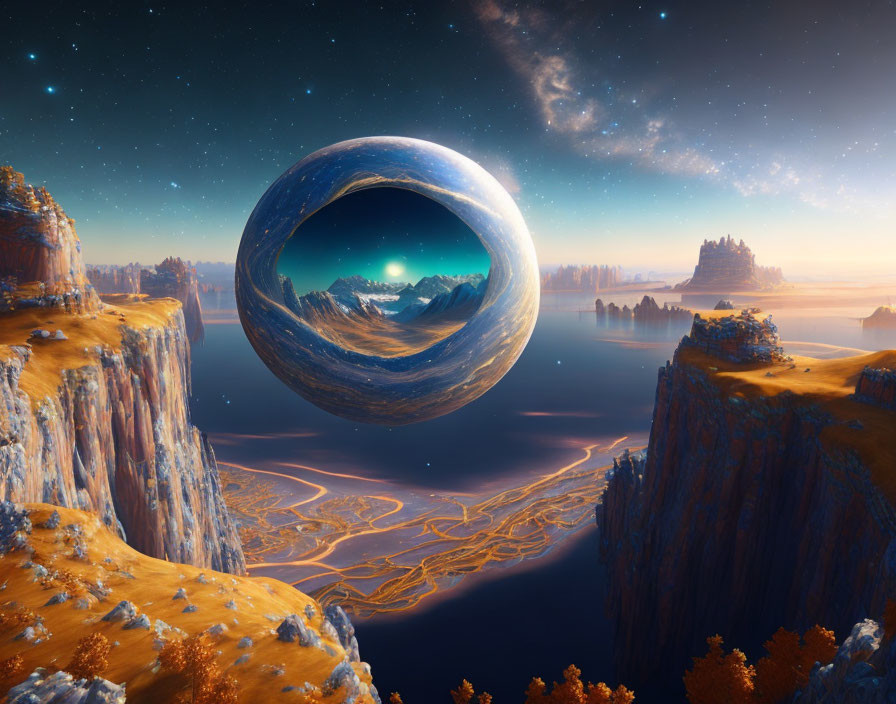 Surreal landscape with floating orb and mountain reflection