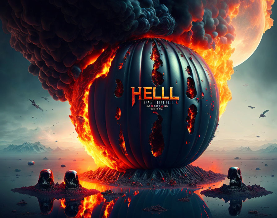 Apocalyptic scene with giant pumpkin, lava, stormy sky, pumpkin-skull hybrids, and c