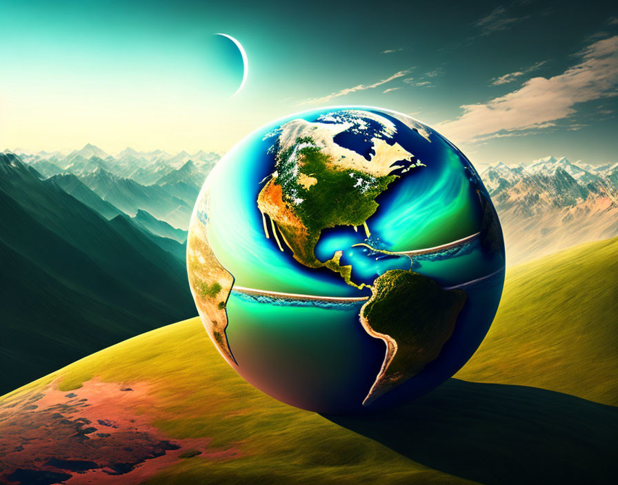 Surreal Earth artwork with exaggerated features and vibrant colors