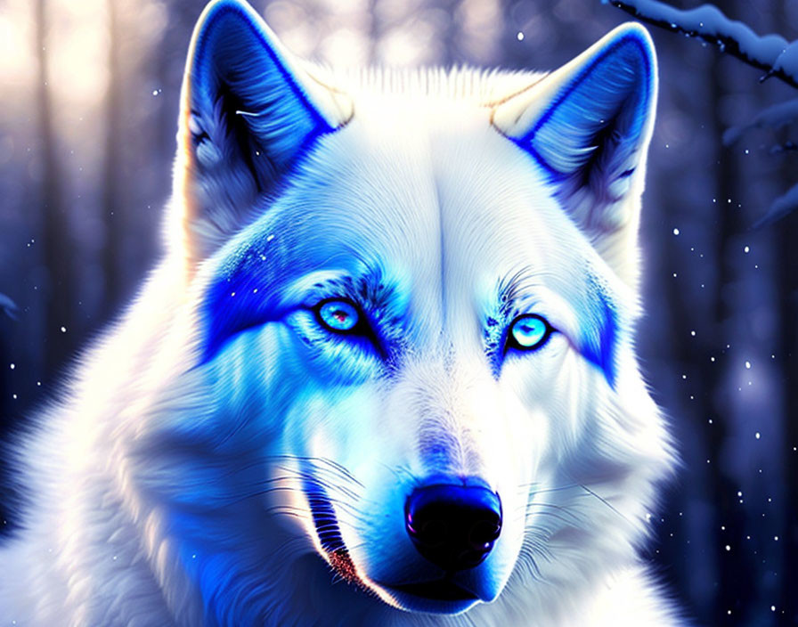 Blue-eyed wolf with vivid blue and white color palette in wintry scene