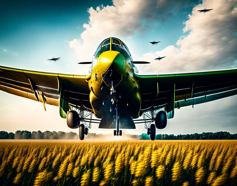 Green-nosed Airplane Flying Low Over Golden Field at Sunset