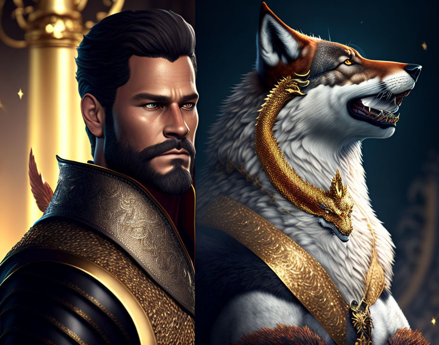 Regal man with majestic wolf and golden collar