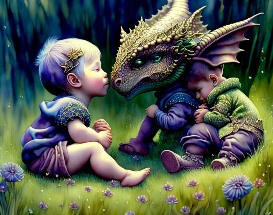 Two Babies in Fantasy Scene with Dragon in Lush Green Setting