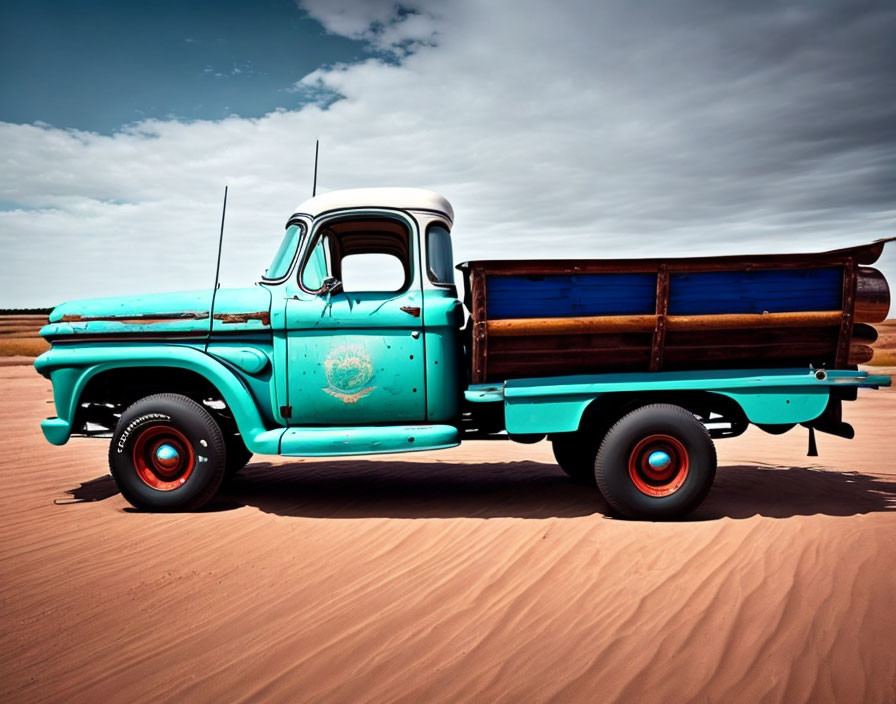Vintage Turquoise Pickup Truck on Sandy Terrain Under Blue Sky