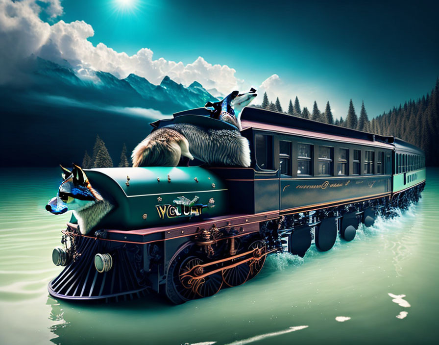 Fantastical wolf-headed train in water with forest and mountains under starry sky